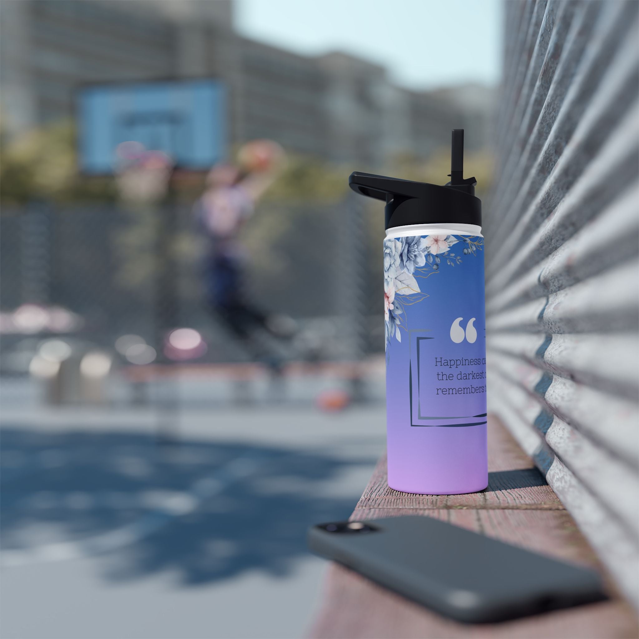 Blue Gradient Floral Water Bottle