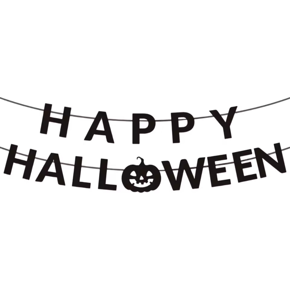 Black 'Happy Halloween' banner with a pumpkin on a white background