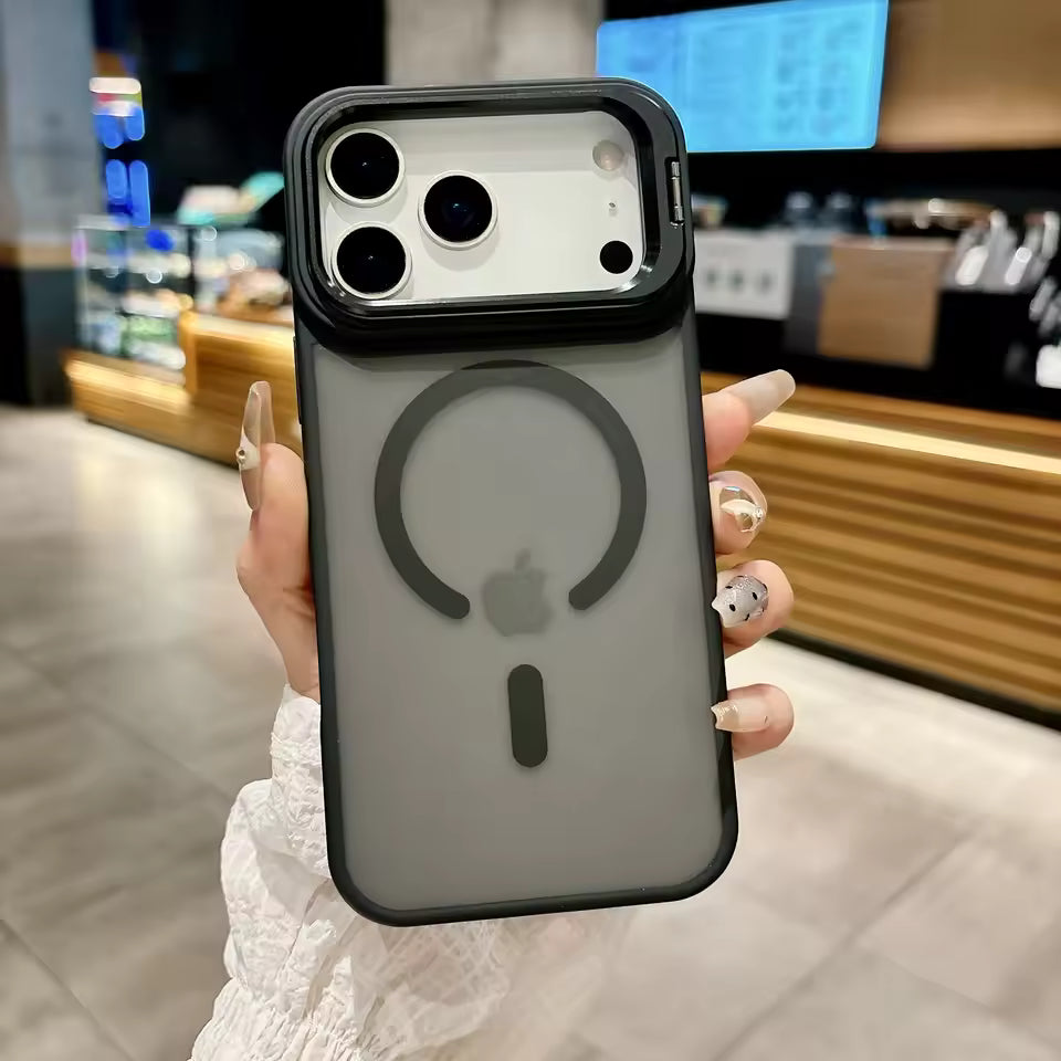 iPhone case with Apple logo held by a person in an indoor setting