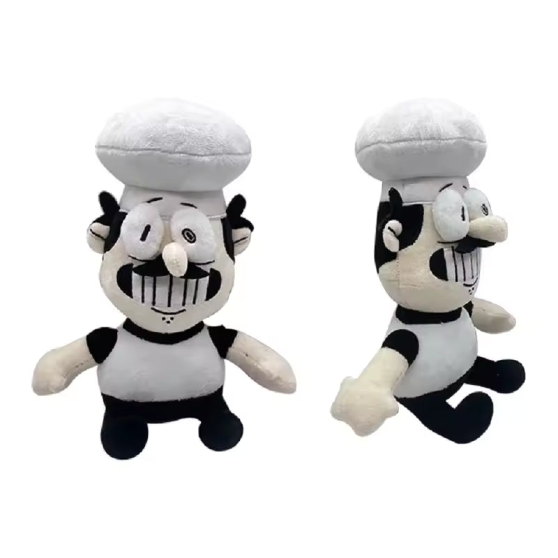 Two plush toys resembling a cartoon character with a chef's hat on a white background