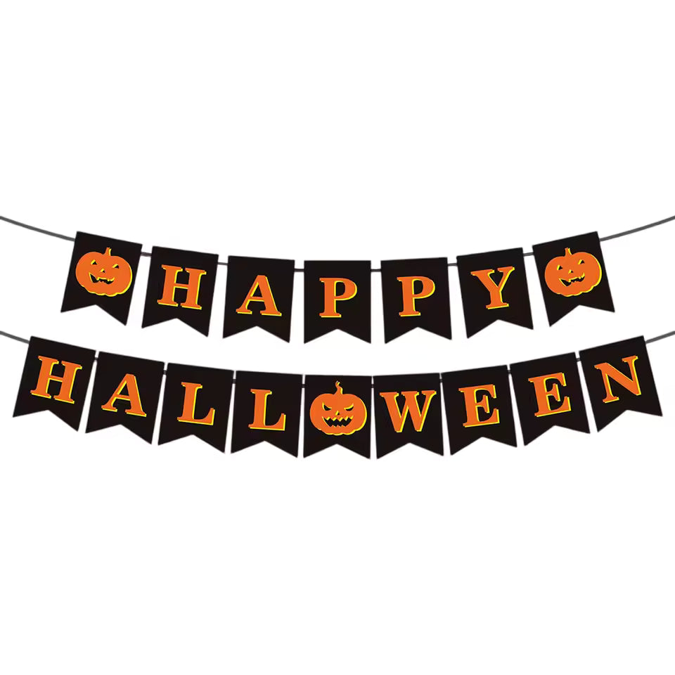 Halloween-themed banner with 'Happy Halloween' text and jack-o'-lantern designs on a white background.