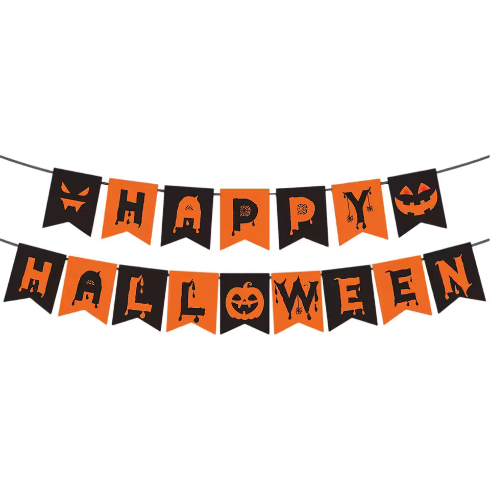 Halloween-themed banner with black, orange, and white text on a white background