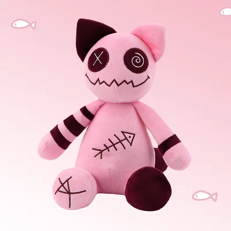 Pink plush toy with black accents on a pink background