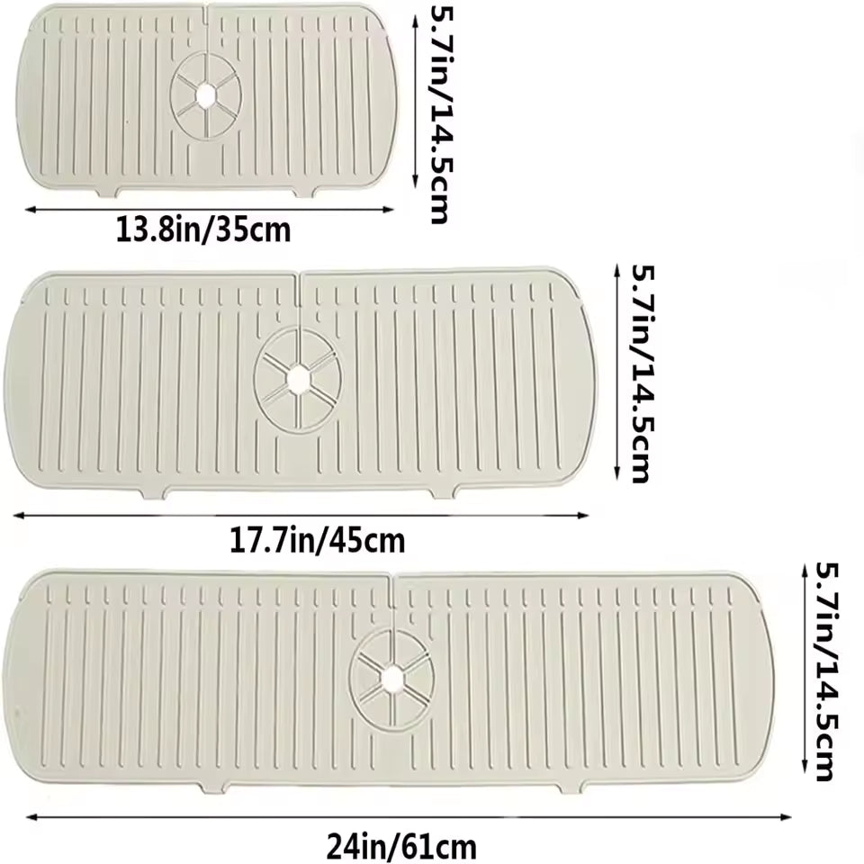 Three beige plastic mats with measurements on a white background