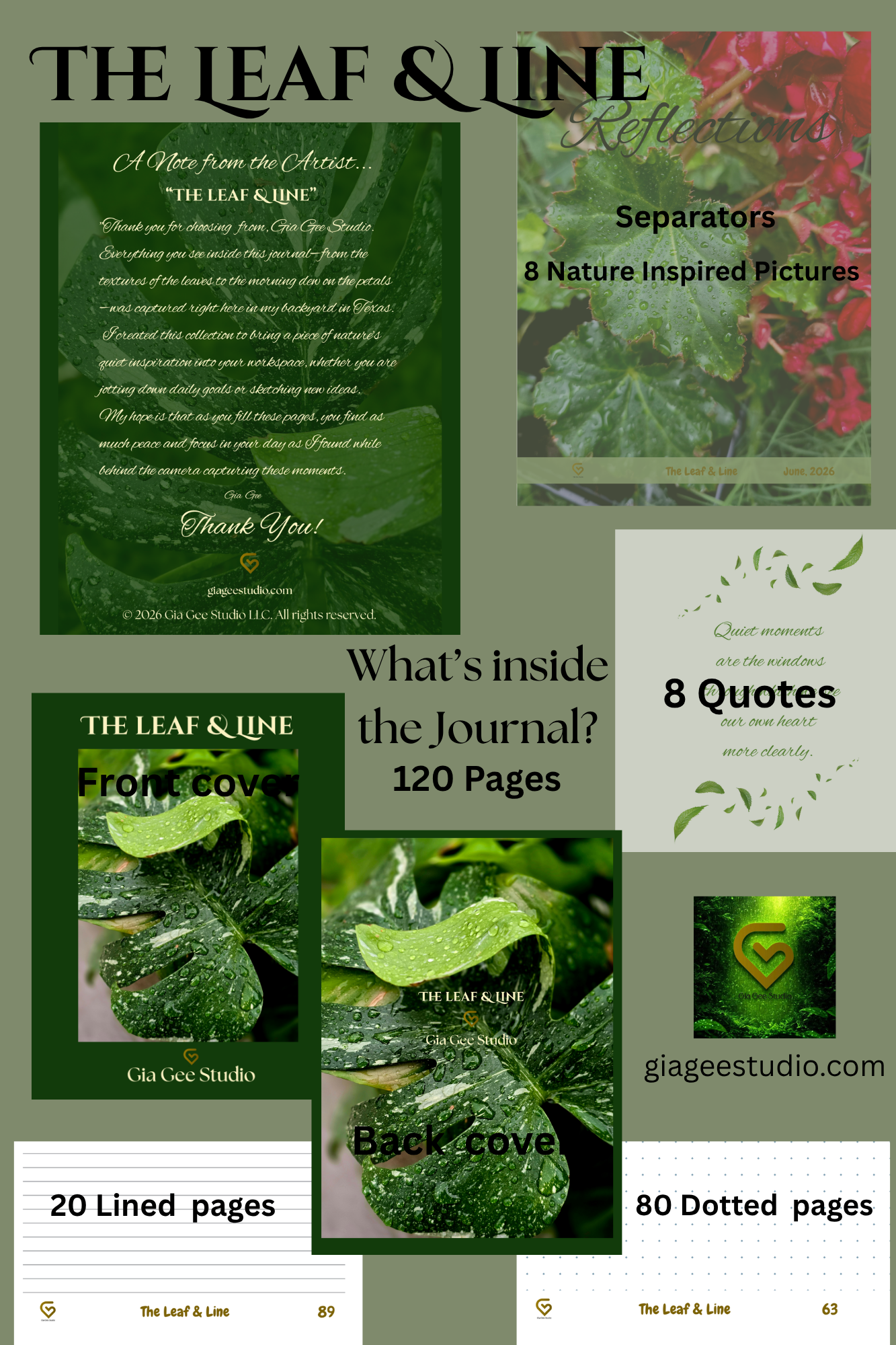A collage-style product overview for a journal titled 'THE LEAF & LINE' with dark green and white pages, leaf photography, quote sections, and text describing the contents: 120 pages, 8 lined pages, 80 dotted pages, and 8 nature-inspired pictures.
