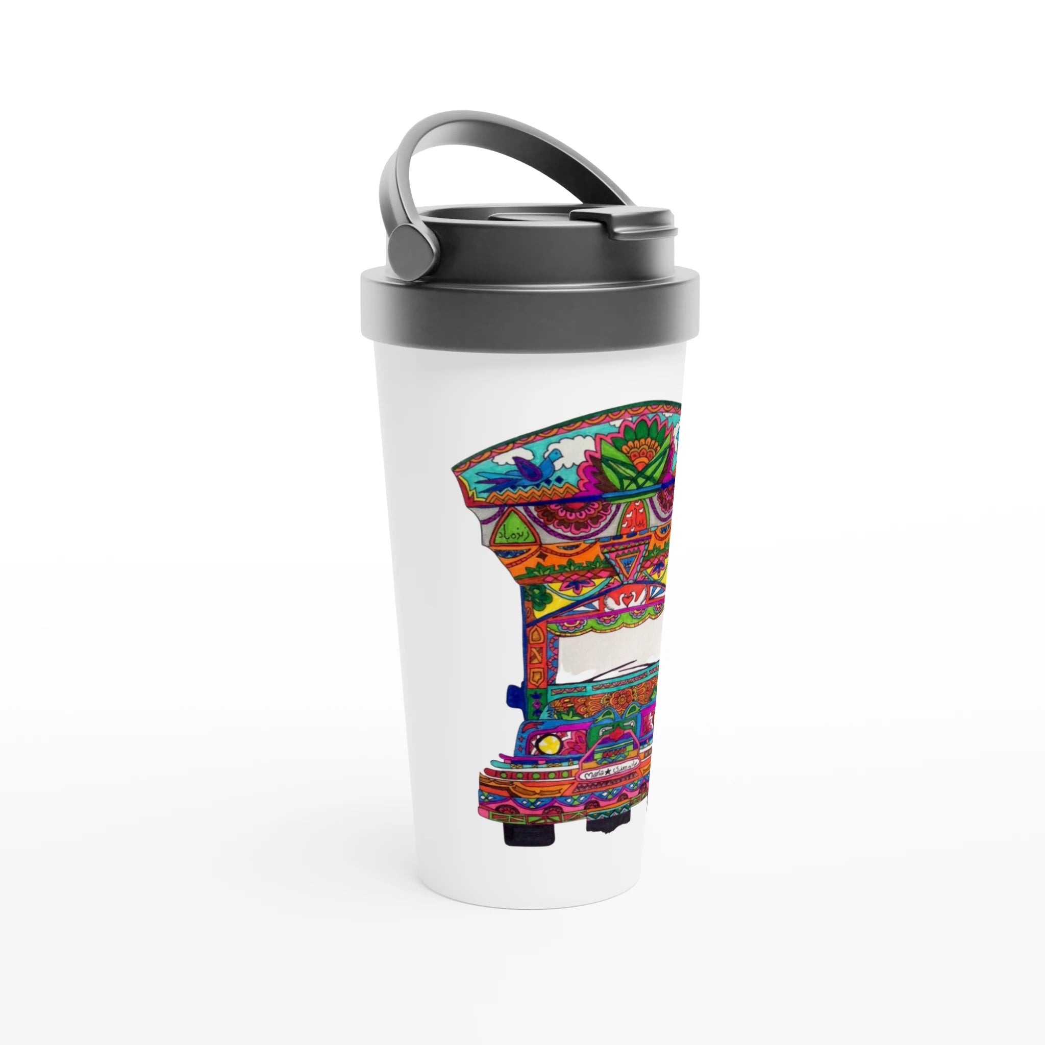 White shaker bottle featuring a colorful, intricate Pakistani Truck Art design of a stylized truck with floral motifs, ideal for fitness and cultural enthusiasts.