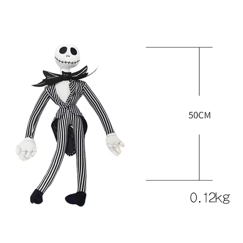 Large Jack Skellington stuffed toy (50cm) placed next to a chair or child for scale comparison.