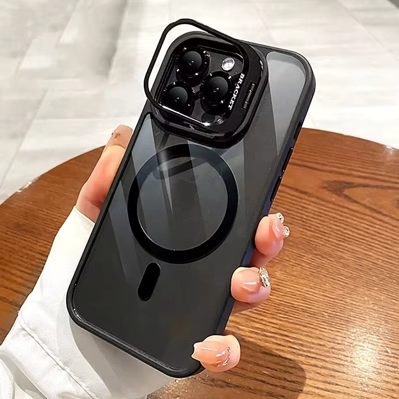 GeLuxury Magnetic Shockproof Phone Case for iPhone 15 Pro Max, showcasing the integrated kickstand and protective back cover.