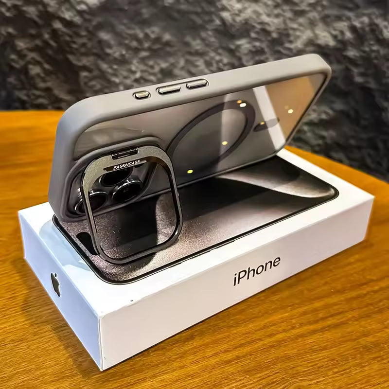 Smartphone with a protective case on an iPhone box, set against a textured wall.