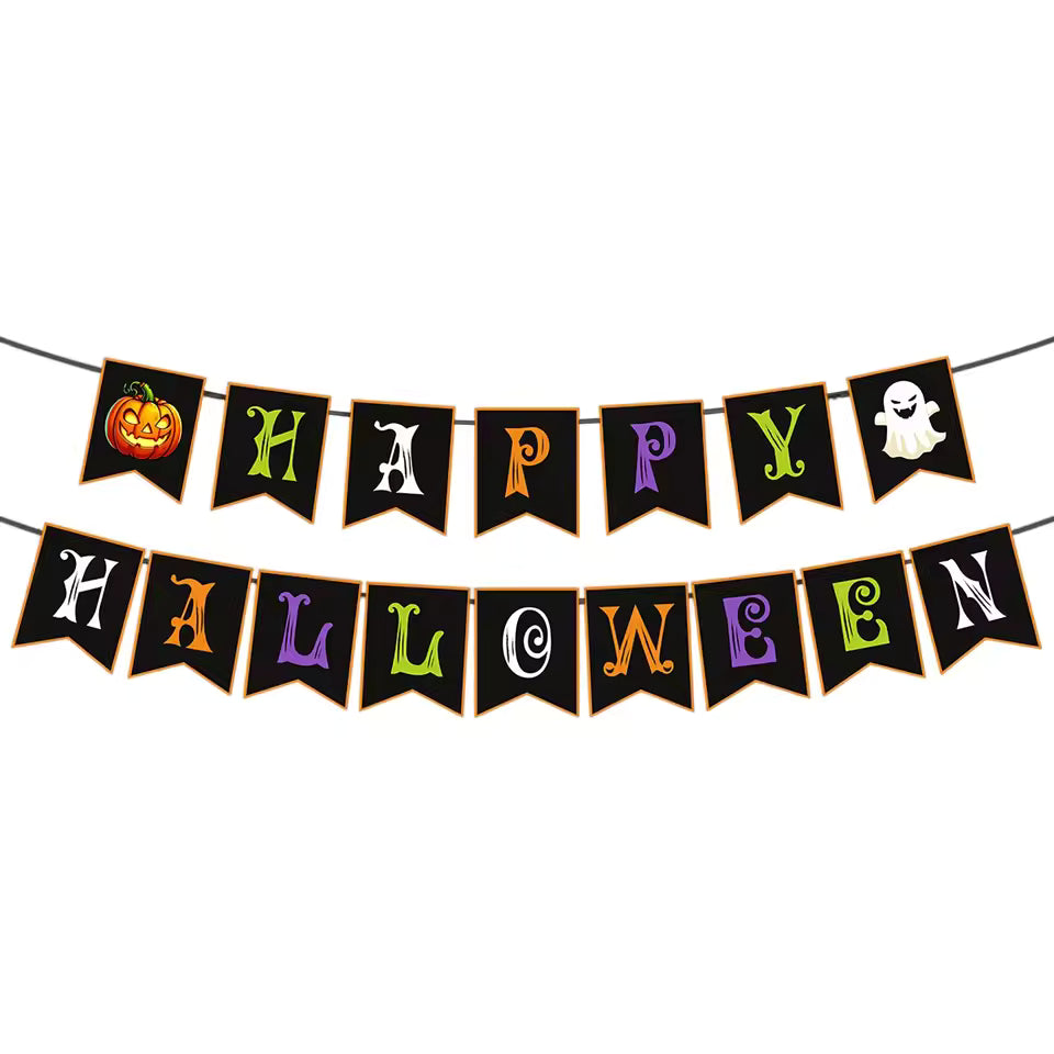 Halloween-themed banner with colorful letters spelling 'Happy Halloween' on a white background.
