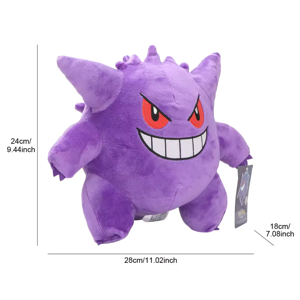 Purple plush toy with red eyes and a wide grin, featuring measurements on a white background