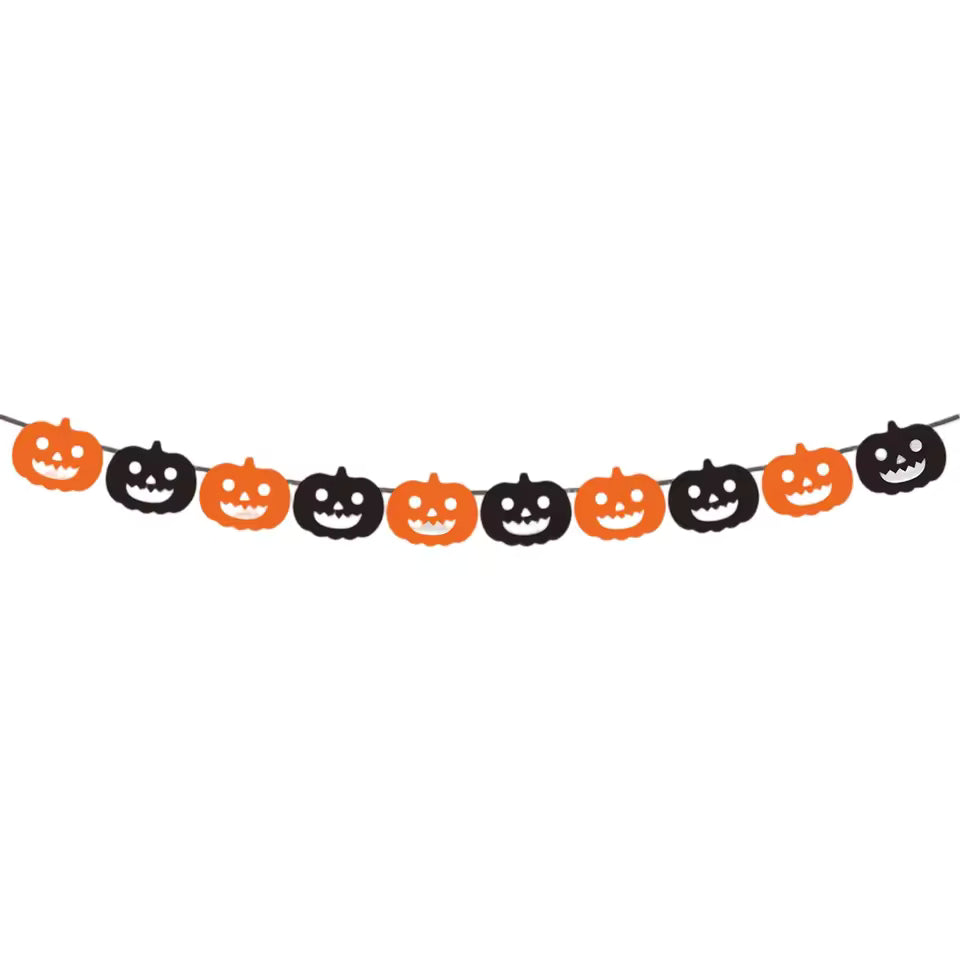 Halloween-themed decorative banner with jack-o'-lantern faces on a white background