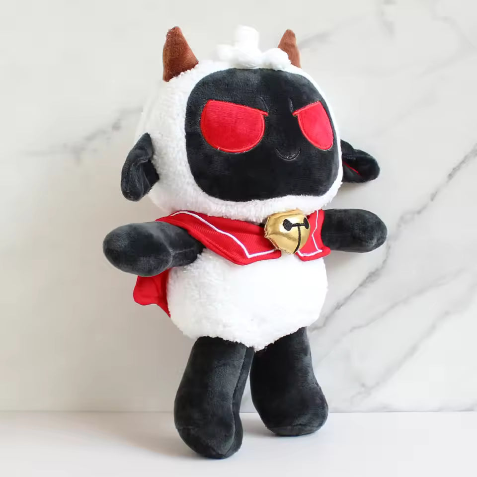 Large 30cm Mothman plush doll, black body with large red embroidered eyes and soft wings, for cryptid collectors.