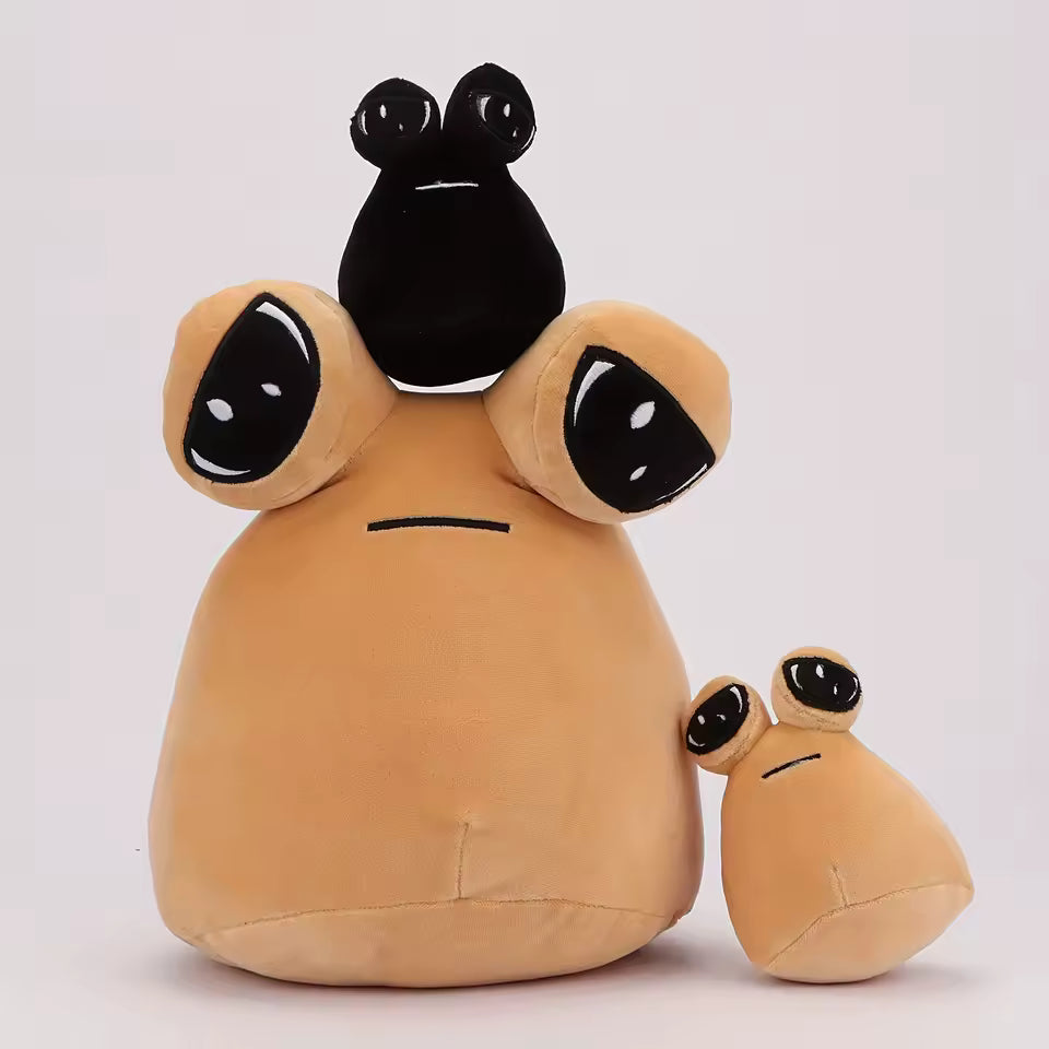Two plush toys resembling a character with large eyes on a white background