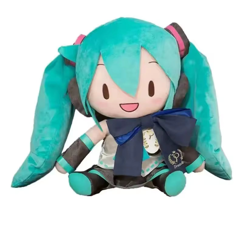 Plush toy with teal hair and a blue bow on a white background