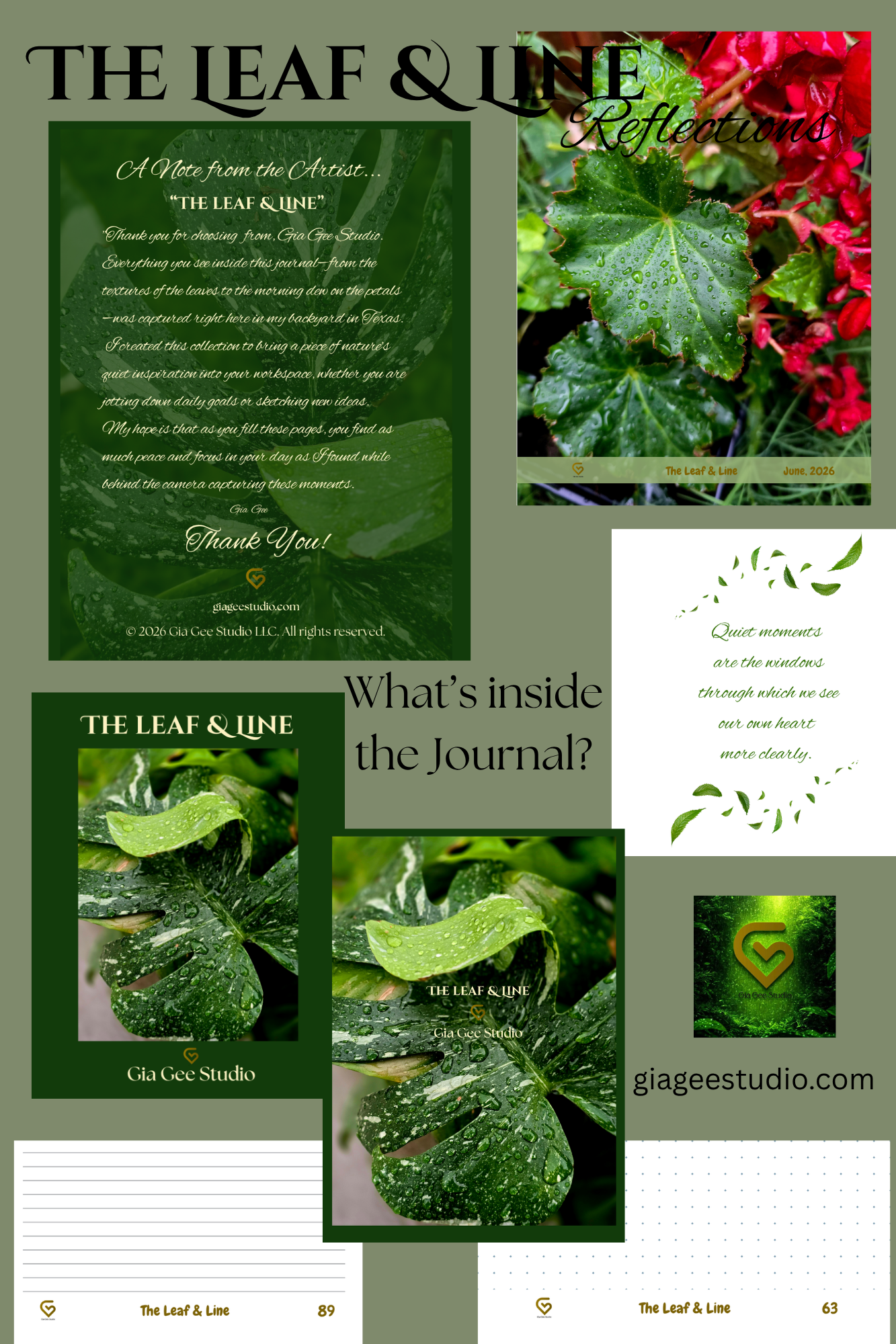 A collage-style preview of a journal or booklet cover and interior pages from The Leaf & Line, featuring dark green botanical photography, white text panels, lined writing areas, and a small heart logo. The layout includes the title 'The Leaf & Line' and page numbers, with a website watermark at the bottom.